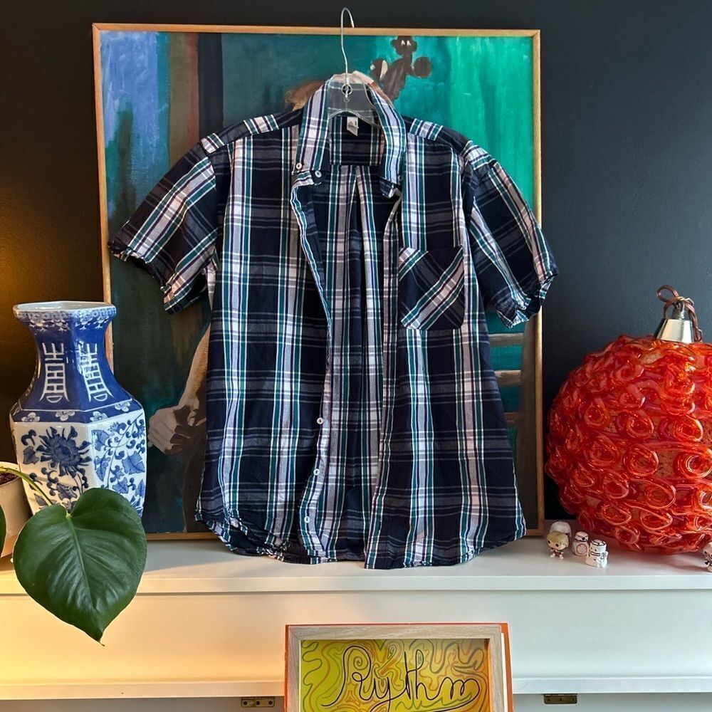 American Apparel Plaid Button Up Shirt Mens Small Blue Green Short Sleeve Cotton - Picture 2 of 16